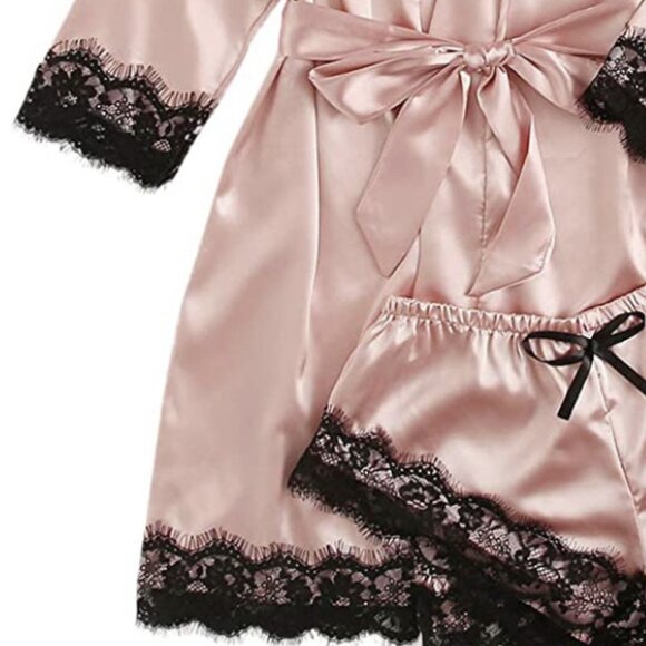 2/$30 4 Pc Set Pink Pajama Lace Trim Robe Shorts Bra and Panties Loungewear Pj - Picture 6 of 7